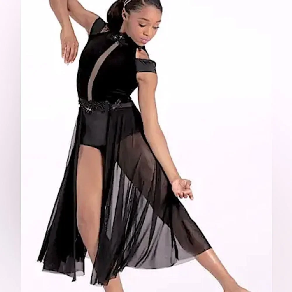 WEISSMAN Dance Costume black velvet maxi appliqué dress WASTE OF TIME 10984 LC